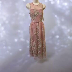 Beige by eci Pink Floral Lace Midi Dress